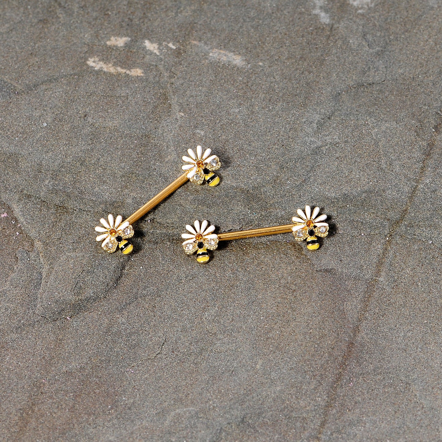 14G 9/16 Clear Gem Gold Tone Flower Bee Barbell Nipple Ring Set