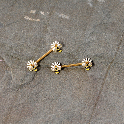 14G 9/16 Clear Gem Gold Tone Flower Bee Barbell Nipple Ring Set