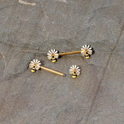 14G 9/16 Clear Gem Gold Tone Flower Bee Barbell Nipple Ring Set