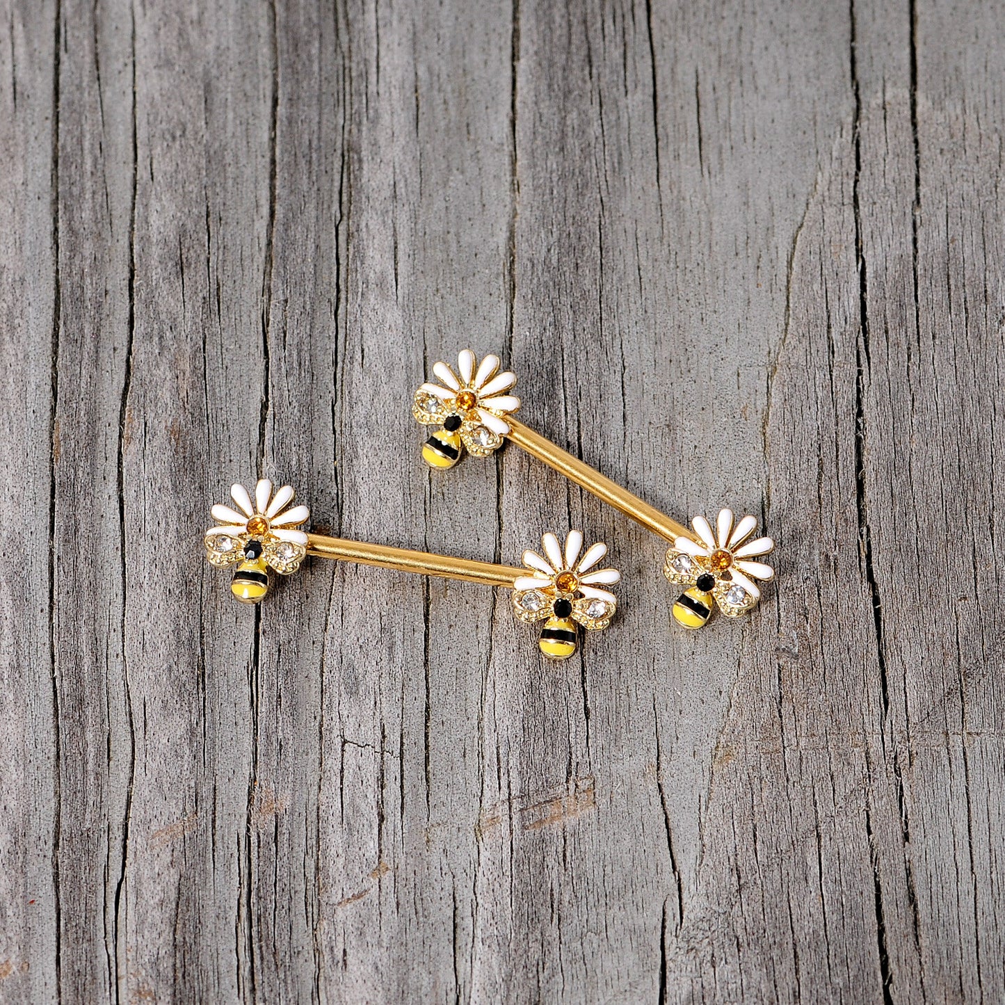 14G 9/16 Clear Gem Gold Tone Flower Bee Barbell Nipple Ring Set