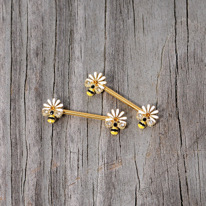 14G 9/16 Clear Gem Gold Tone Flower Bee Barbell Nipple Ring Set