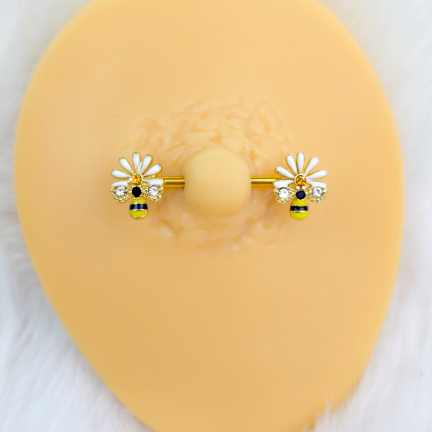 14G 9/16 Clear Gem Gold Tone Flower Bee Barbell Nipple Ring Set