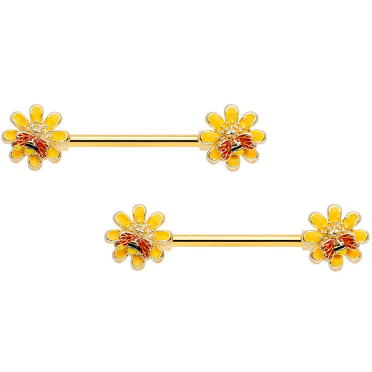 14G 9/16 Yellow Red Gold Tone Bee Flower Barbell Nipple Ring Set