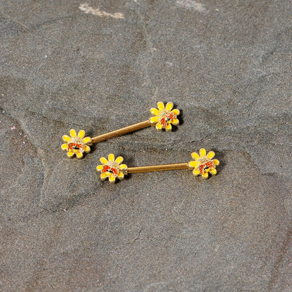 14G 9/16 Yellow Red Gold Tone Bee Flower Barbell Nipple Ring Set