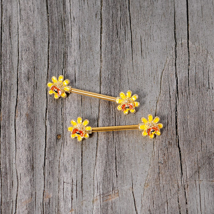 14G 9/16 Yellow Red Gold Tone Bee Flower Barbell Nipple Ring Set
