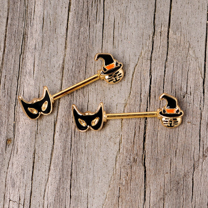 14G 9/16 Gold Tone Witch Cat Halloween Barbell Nipple Ring Set