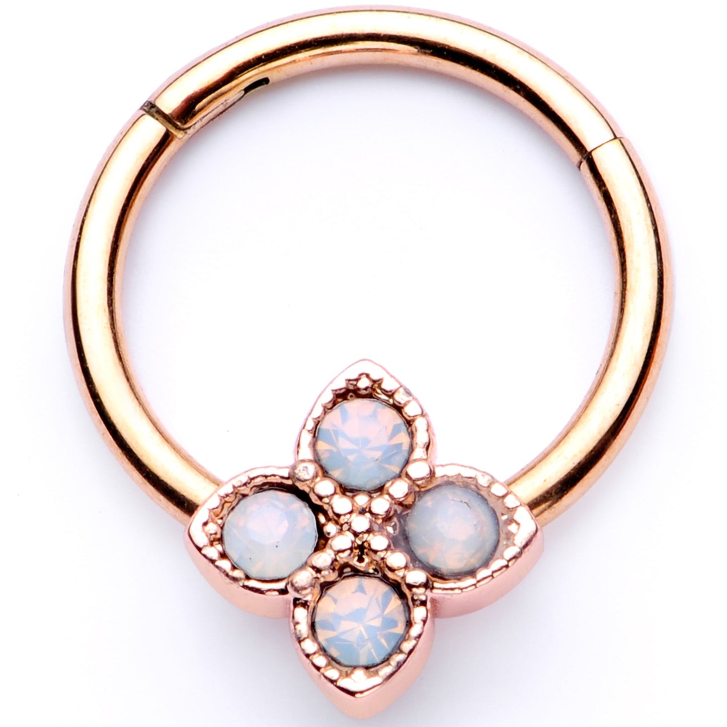 16G 3/8 White Faux Opal Rose Gold Tone Regal Hinged Segment Ring