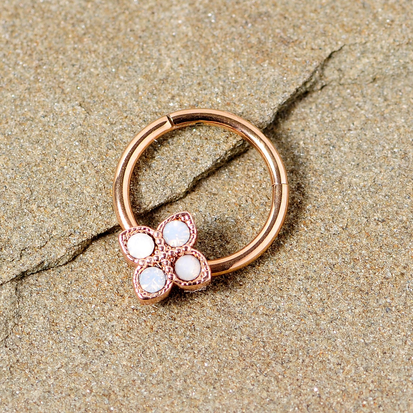 16G 3/8 White Faux Opal Rose Gold Tone Regal Hinged Segment Ring