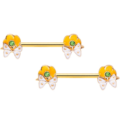 14G 9/16 Green Gem Gold Tone Butterfly Barbell Nipple Ring Set
