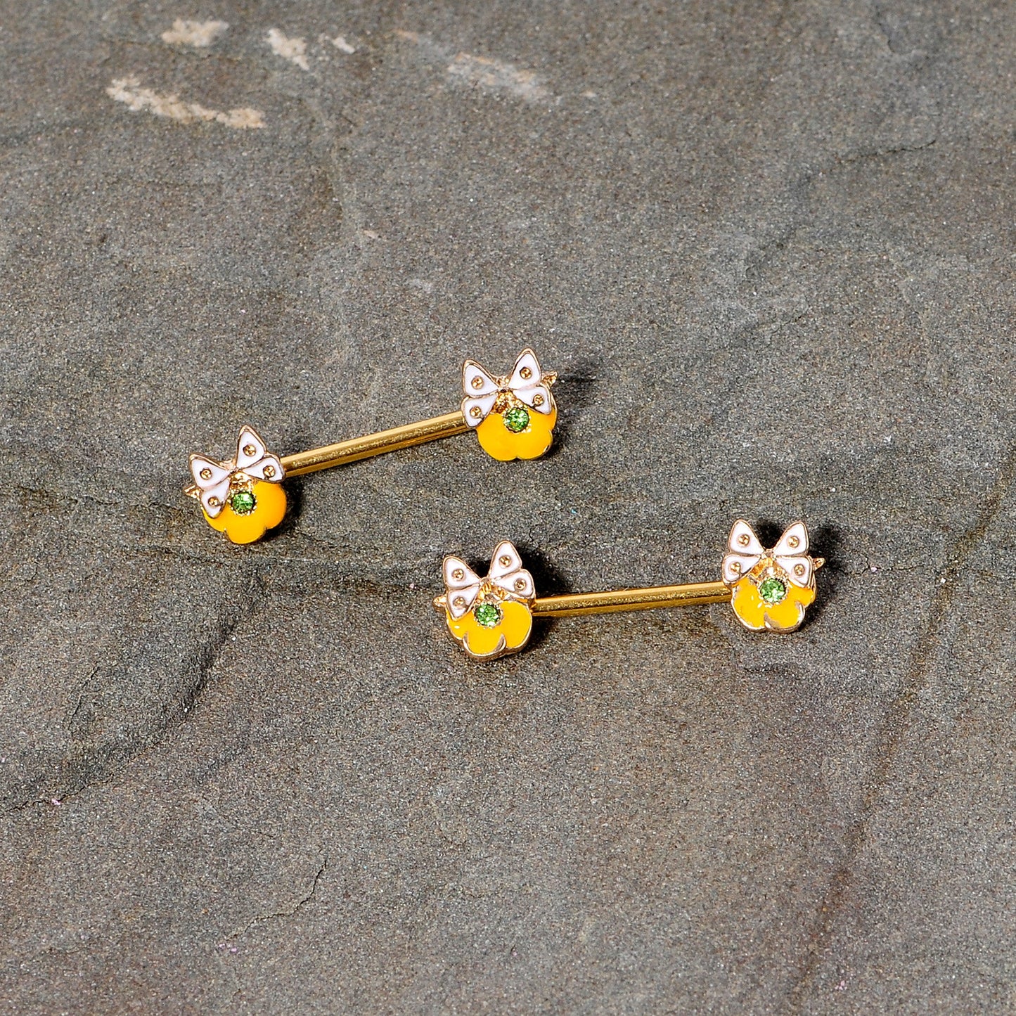 14G 9/16 Green Gem Gold Tone Butterfly Barbell Nipple Ring Set