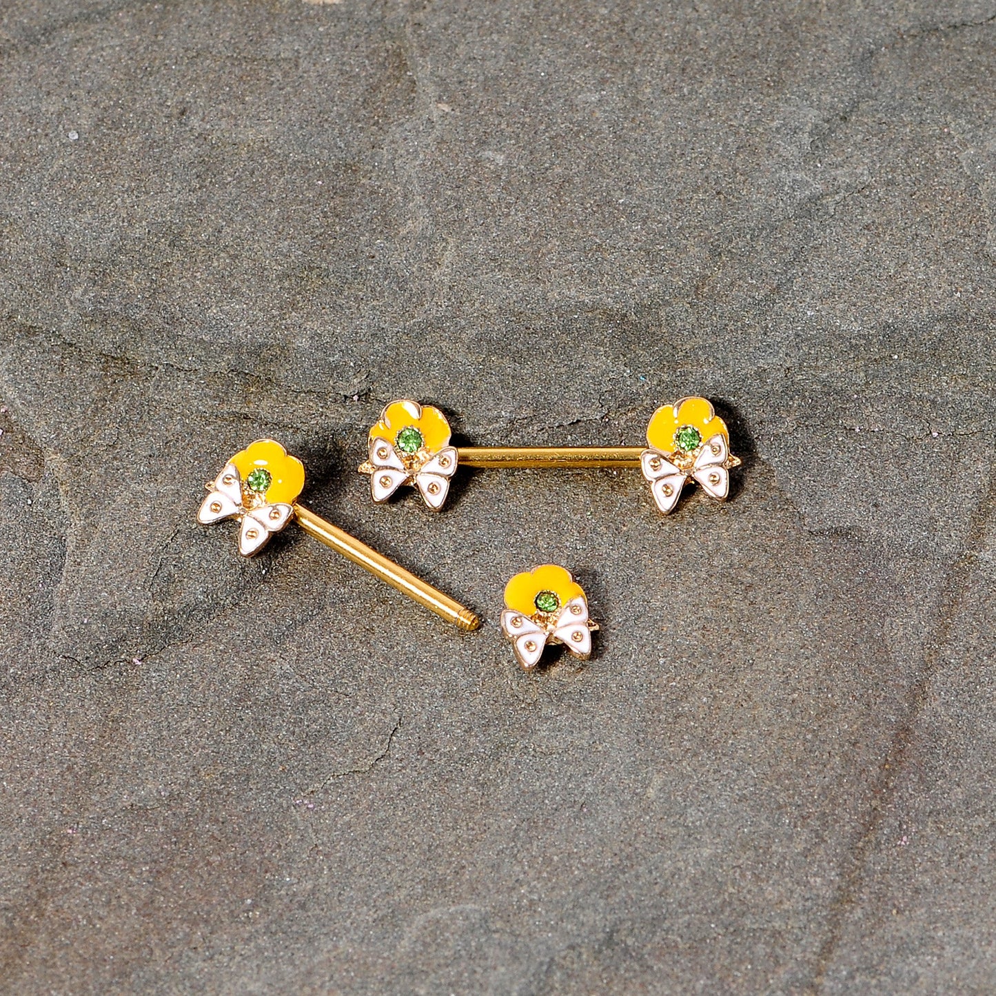 14G 9/16 Green Gem Gold Tone Butterfly Barbell Nipple Ring Set