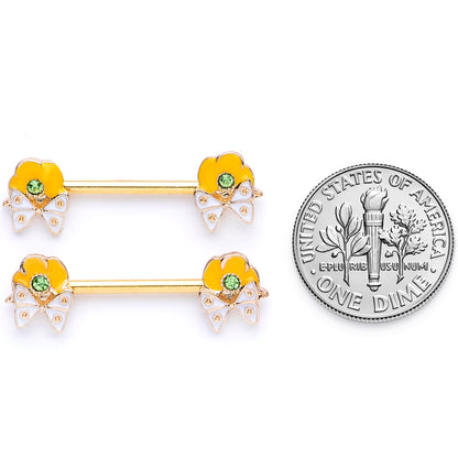 14G 9/16 Green Gem Gold Tone Butterfly Barbell Nipple Ring Set