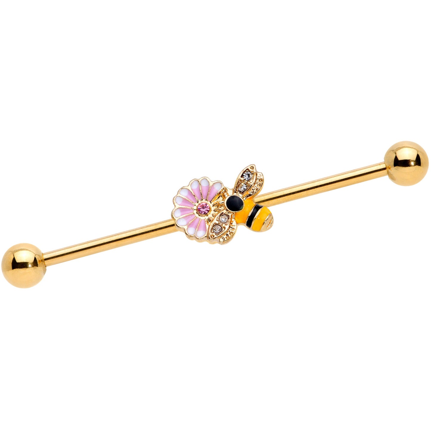 14G Pink Clear Gem Gold Tone Bee Blossom Industrial Barbell 38mm