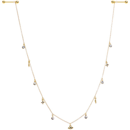 14G 9/16 Clear Gem Gold Tone Eye Star Feather Dangle Nipple Chain