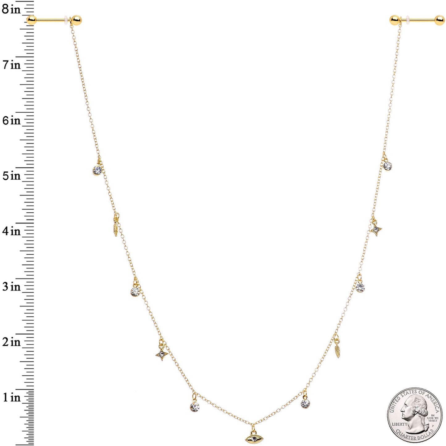 14G 9/16 Clear Gem Gold Tone Eye Star Feather Dangle Nipple Chain