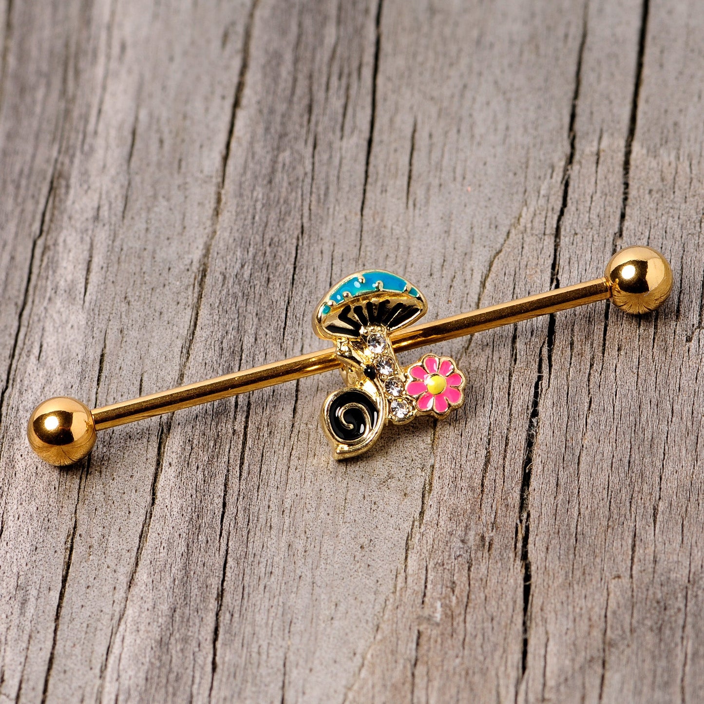 14G Gold Tone Snail Flower Magic Mushroom Industrial Barbell 38mm