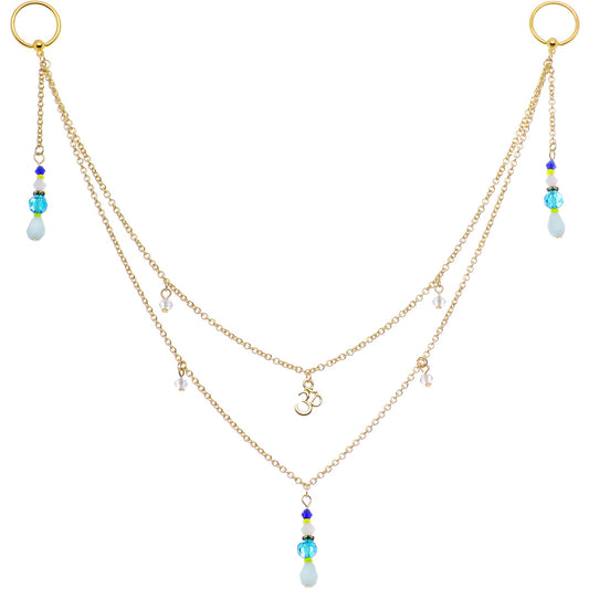 14G 9/16 Gold Tone Om Blue Beads Captive Ring Dangle Nipple Chain