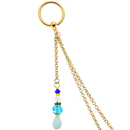 14G 9/16 Gold Tone Om Blue Beads Captive Ring Dangle Nipple Chain
