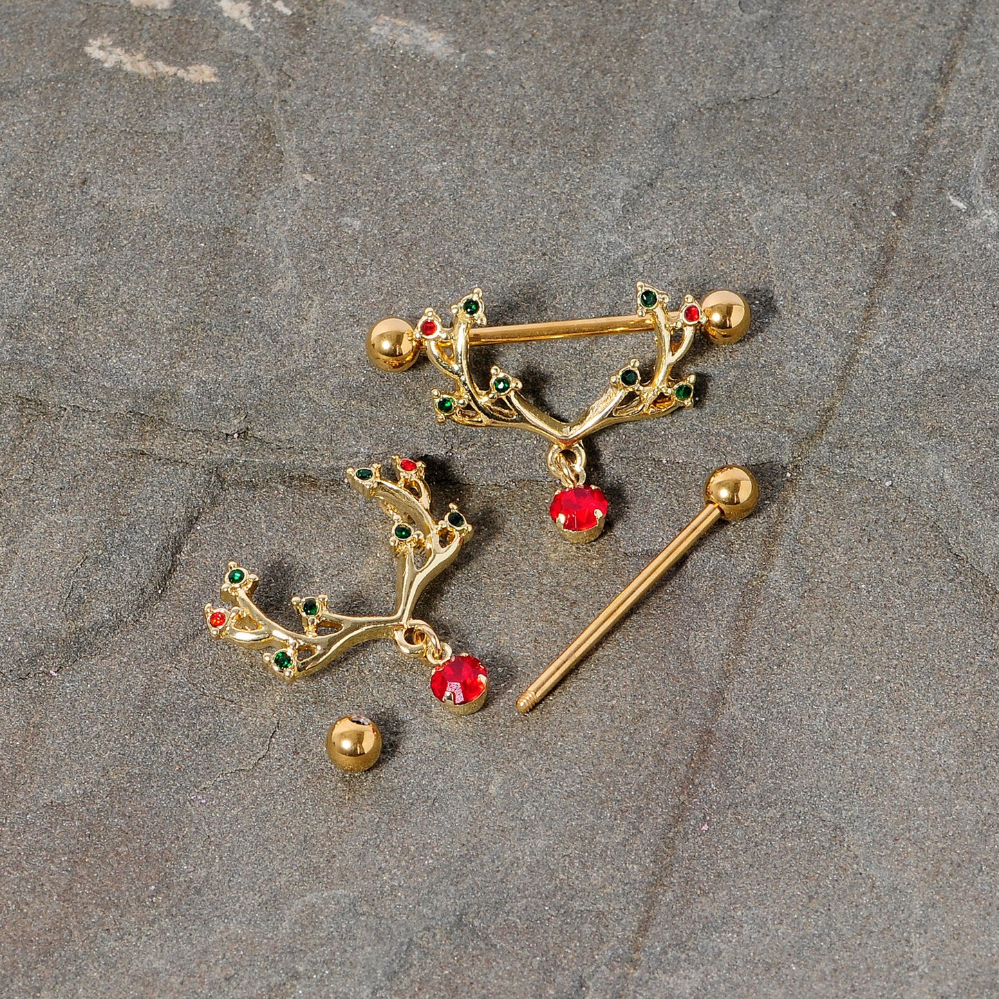14G 25mm Red Green Gem Reindeer Antler Holiday Nipple Shield Set