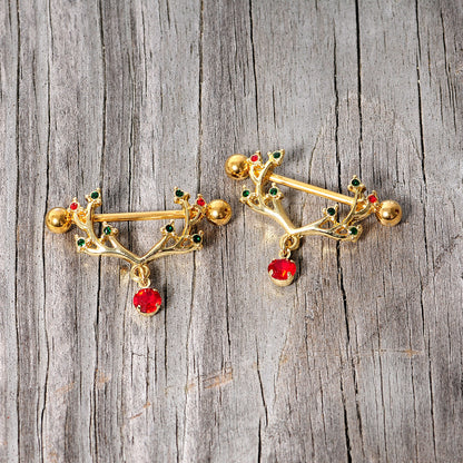 14G 25mm Red Green Gem Reindeer Antler Holiday Nipple Shield Set