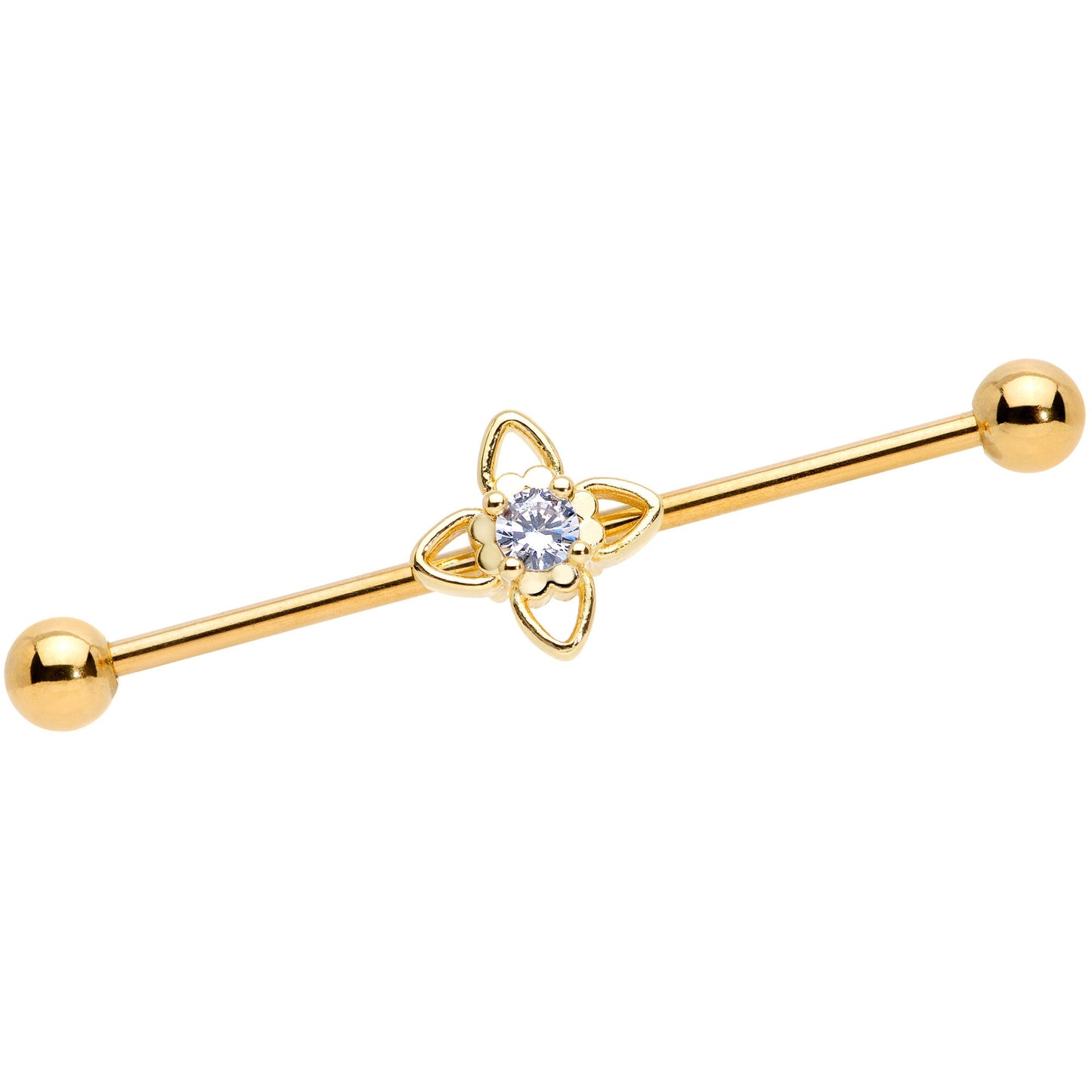 14G Clear CZ Gem Gold Tone Open Flower Industrial Barbell 38mm