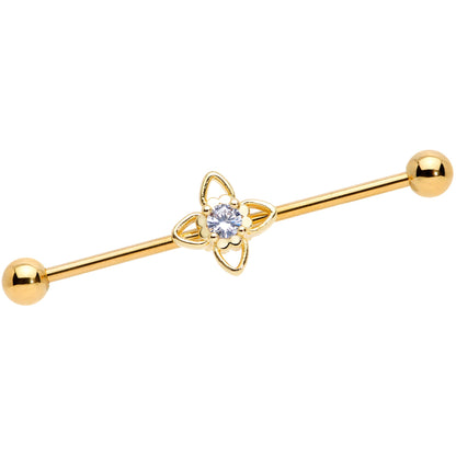 14G Clear CZ Gem Gold Tone Open Flower Industrial Barbell 38mm