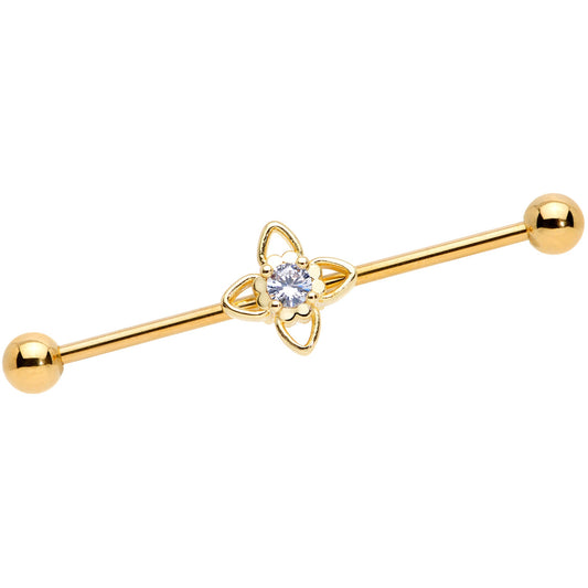 14G Clear CZ Gem Gold Tone Open Flower Industrial Barbell 38mm