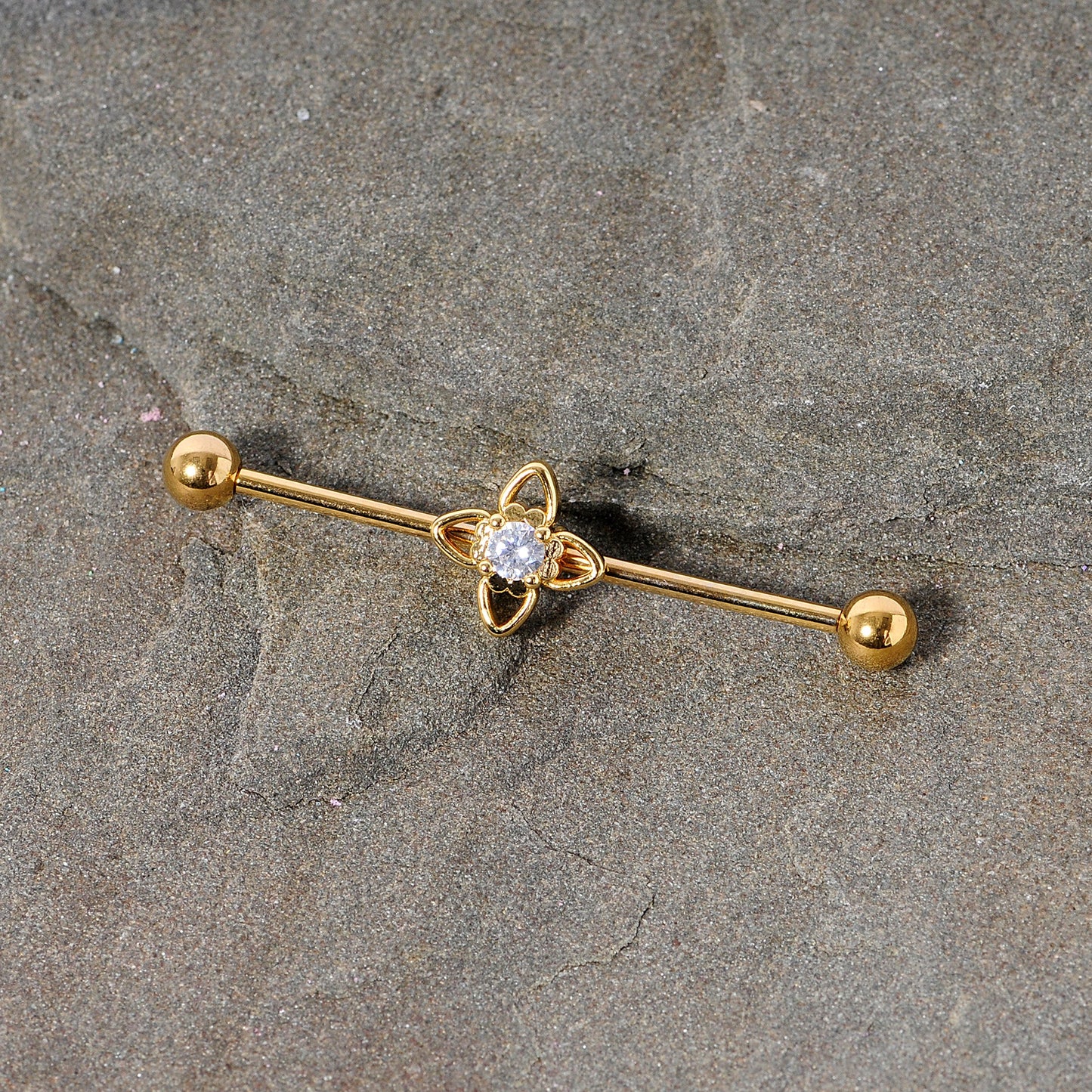 14G Clear CZ Gem Gold Tone Open Flower Industrial Barbell 38mm