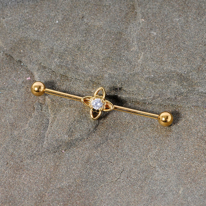 14G Clear CZ Gem Gold Tone Open Flower Industrial Barbell 38mm