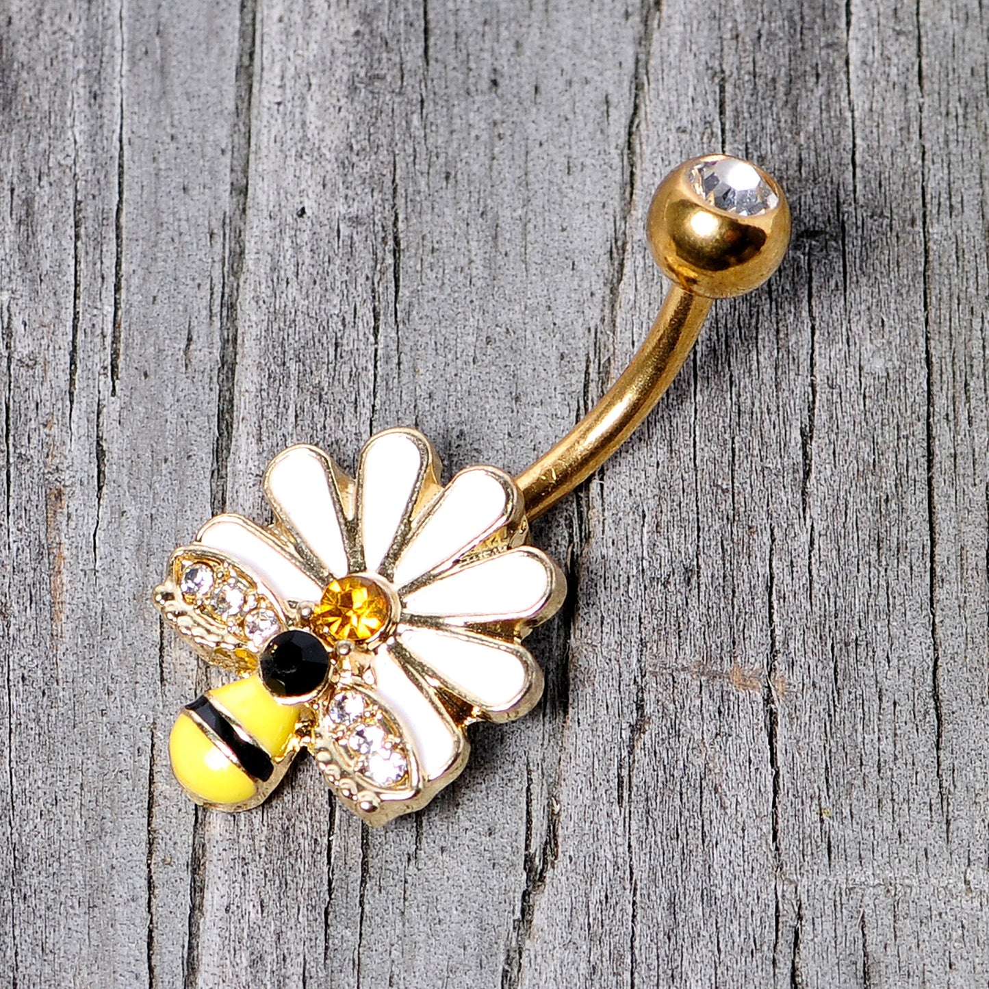 Clear Yellow Gem Gold Tone Daisy Bee Belly Ring
