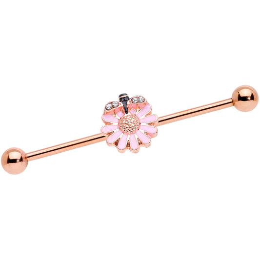 14G Clear Gem Rose Gold Tone Flower Bee Industrial Barbell 38mm
