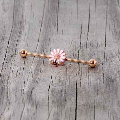 14G Clear Gem Rose Gold Tone Flower Bee Industrial Barbell 38mm