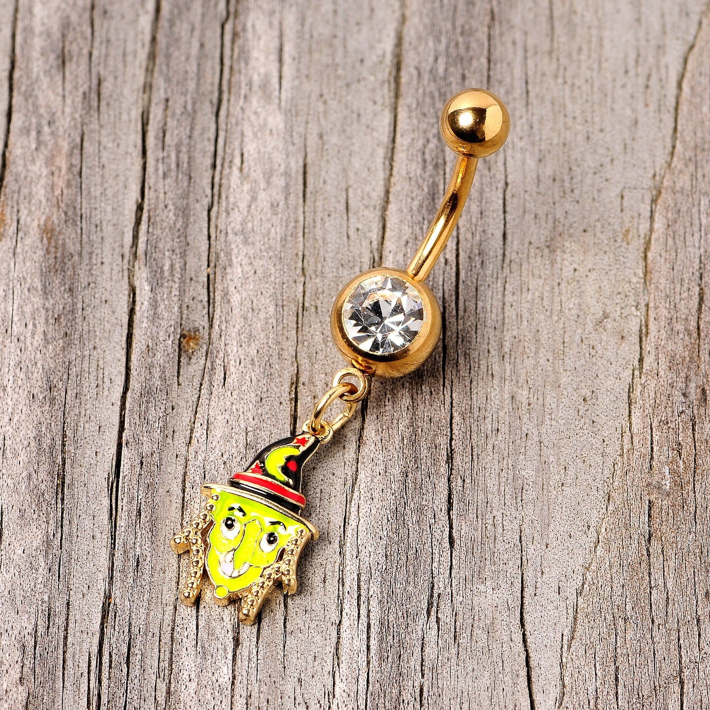 Clear Gem Gold Tone Green Witch Halloween Dangle Belly Ring