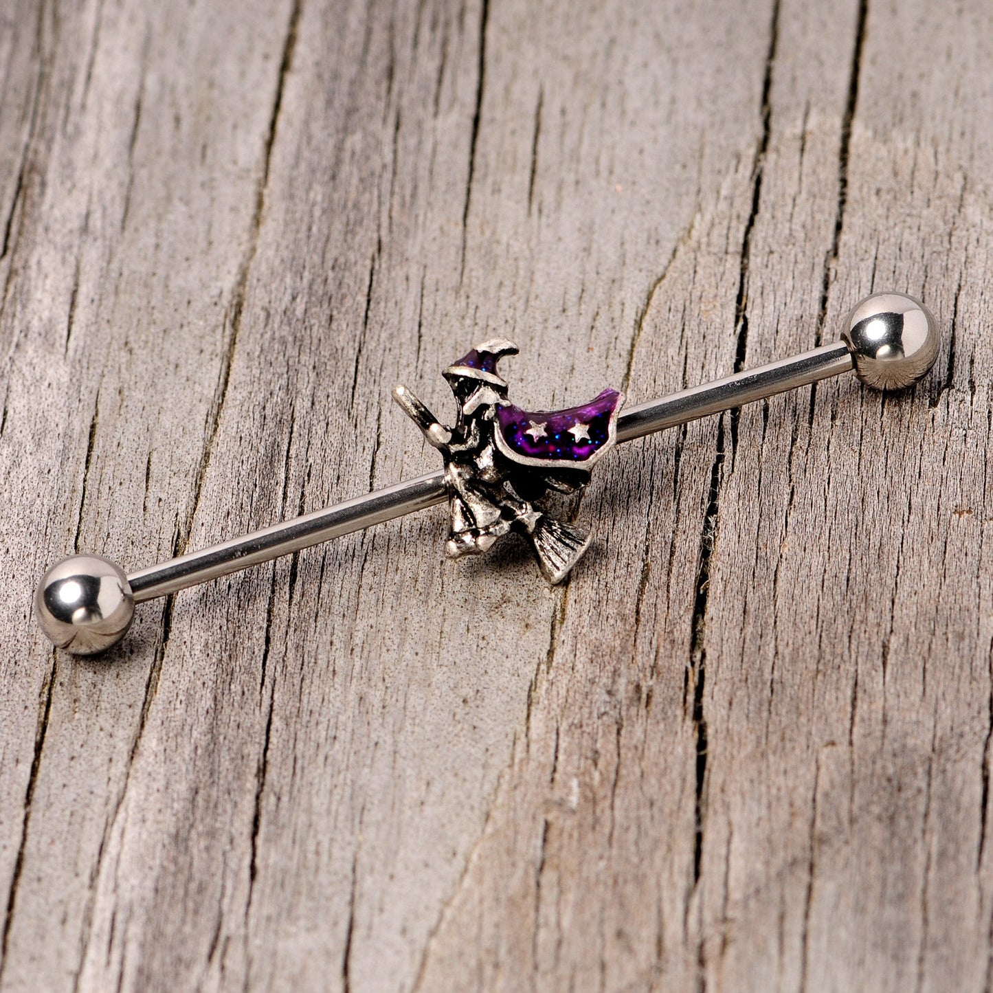 14G Purple Witch Broom Halloween Industrial Barbell 38mm