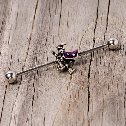 14G Purple Witch Broom Halloween Industrial Barbell 38mm