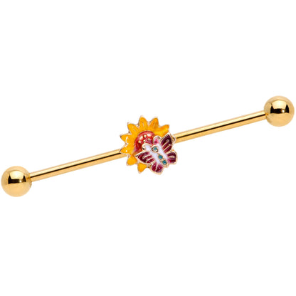 14G Gold Tone Red Yellow Butterfly Flower Industrial Barbell 38mm
