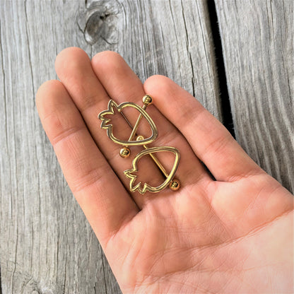 14G 3/4 Gold Tone Hollow Strawberry Nipple Shield Set