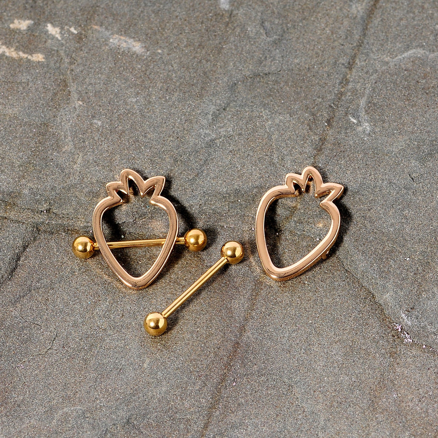 14G 3/4 Gold Tone Hollow Strawberry Nipple Shield Set