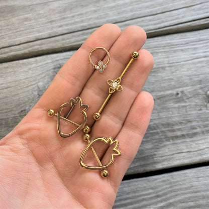 14G 3/4 Gold Tone Hollow Strawberry Nipple Shield Set