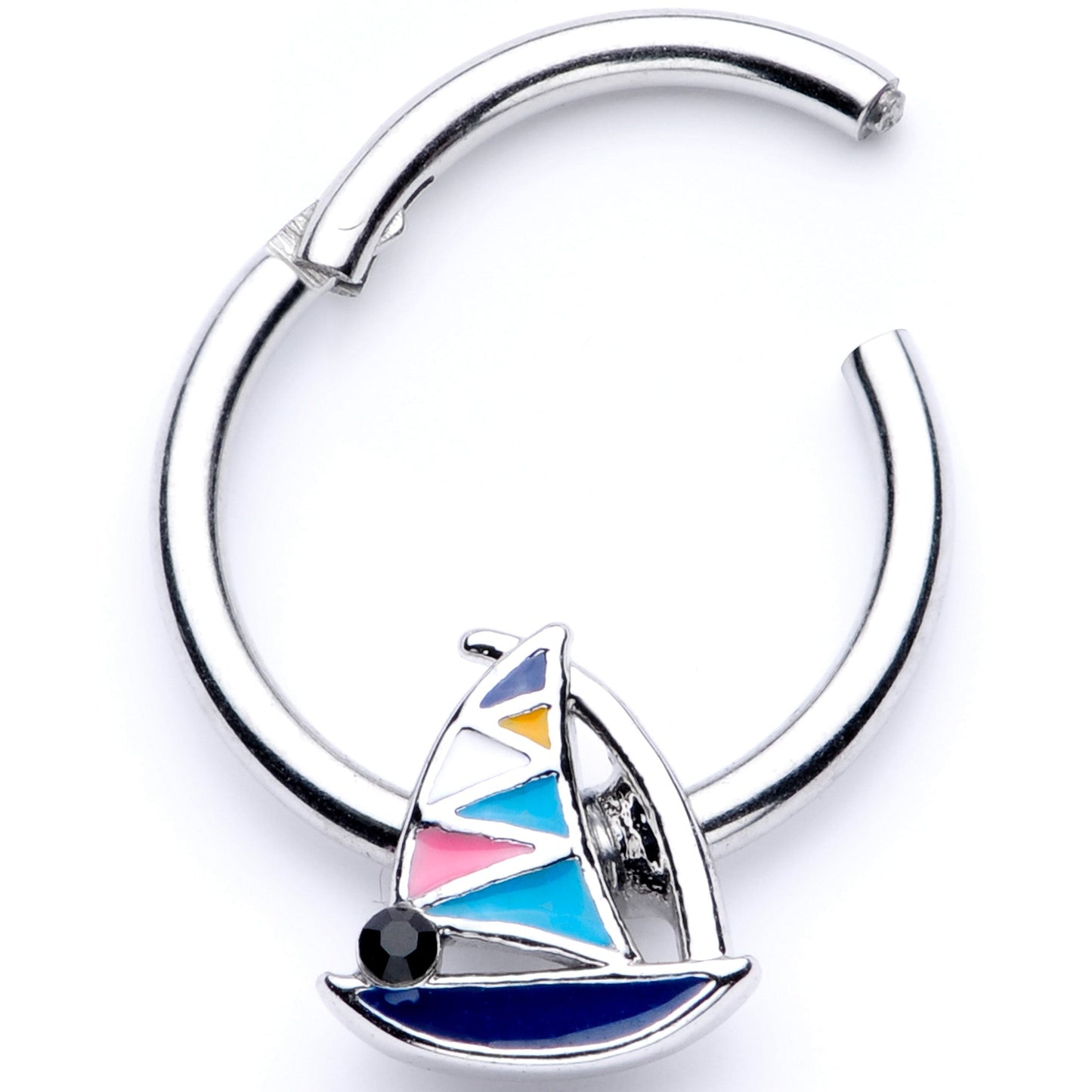 16G 3/8 Black Gem Pink Teal Nautical Sailboat Hinged Segment Ring