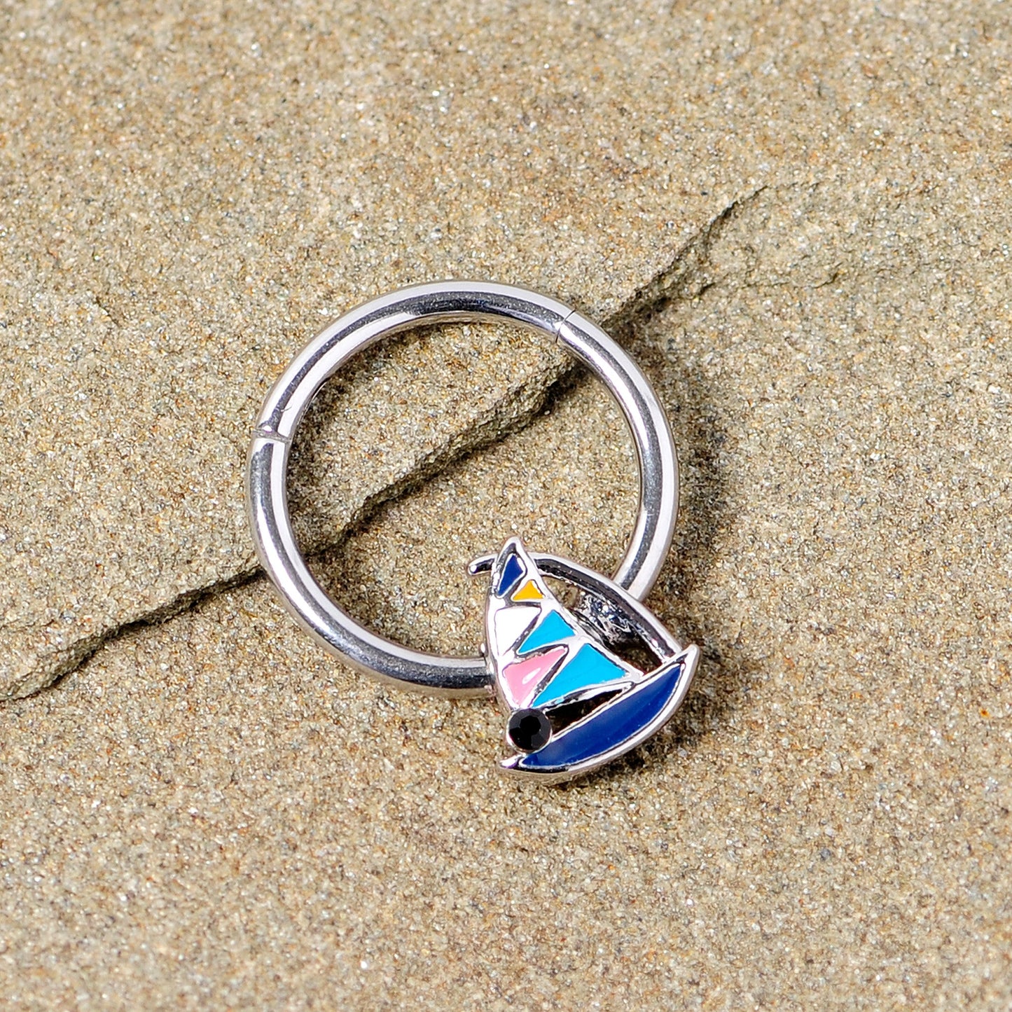 16G 3/8 Black Gem Pink Teal Nautical Sailboat Hinged Segment Ring