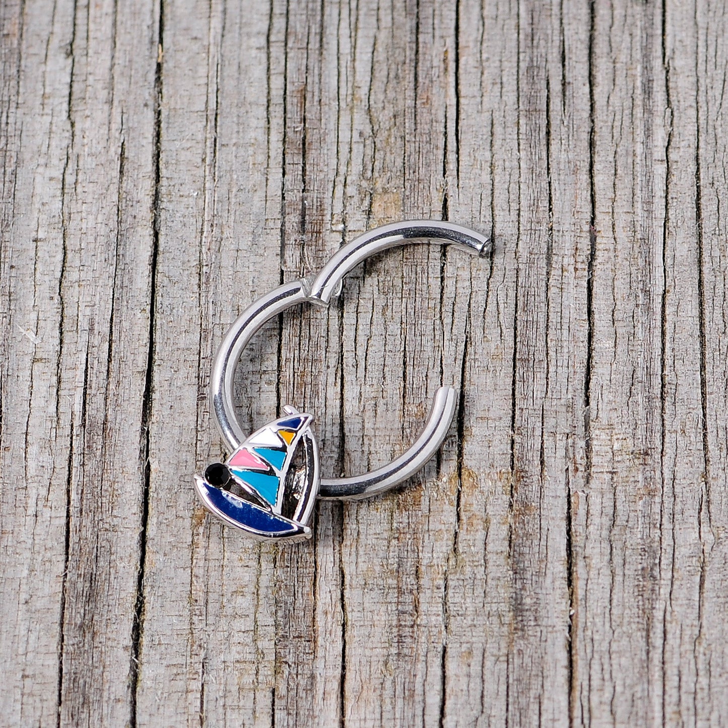16G 3/8 Black Gem Pink Teal Nautical Sailboat Hinged Segment Ring