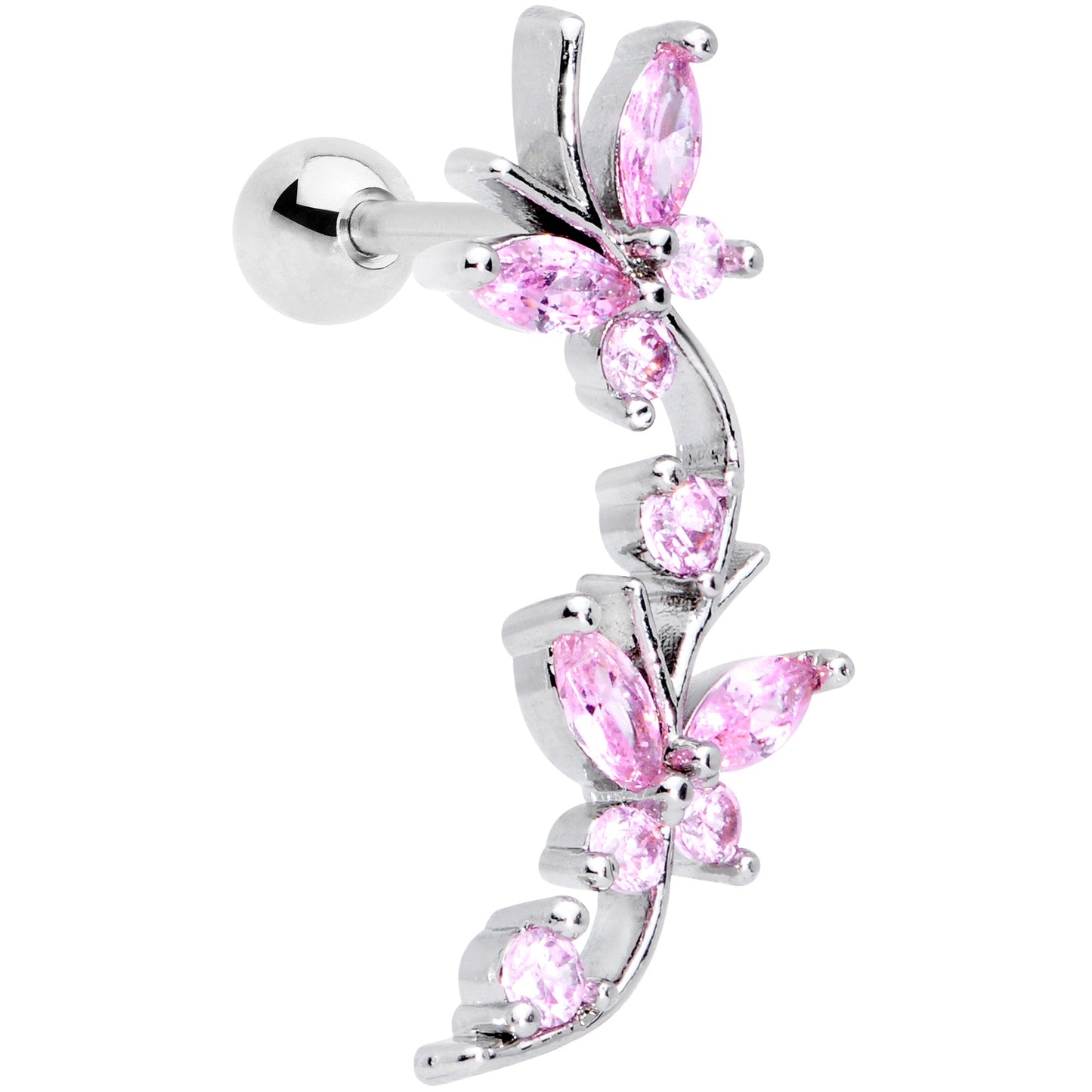 16G 1/4 Pink CZ Gem Butterflies Left Ear Cartilage Tragus