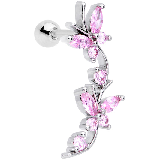 16G 1/4 Pink CZ Gem Butterflies Left Ear Cartilage Tragus