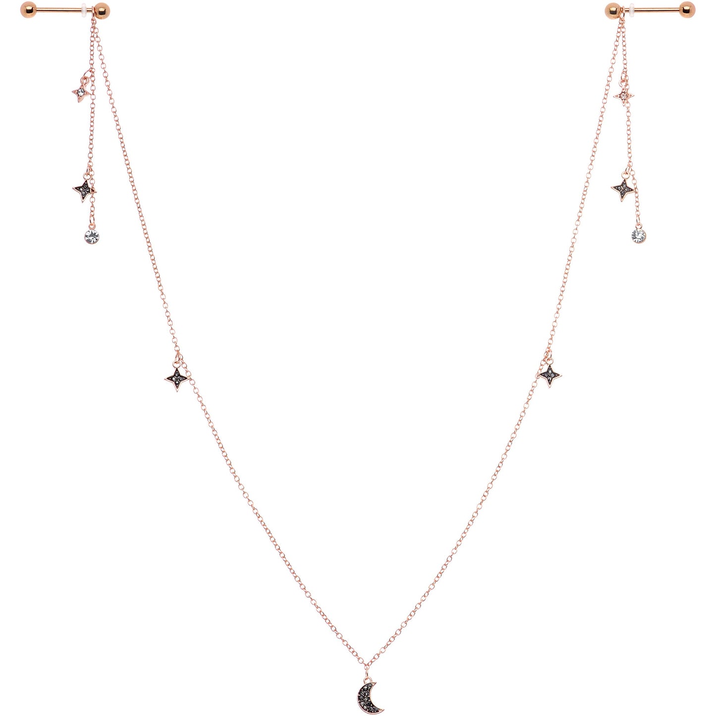 14G 9/16 Black Gem Rose Gold Tone Moon Dangle Nipple Chain