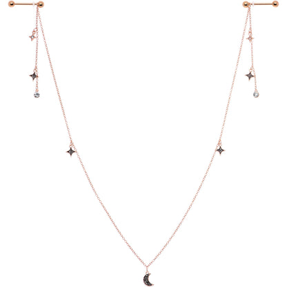 14G 9/16 Black Gem Rose Gold Tone Moon Dangle Nipple Chain
