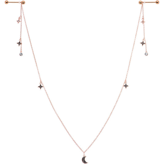 14G 9/16 Black Gem Rose Gold Tone Moon Dangle Nipple Chain