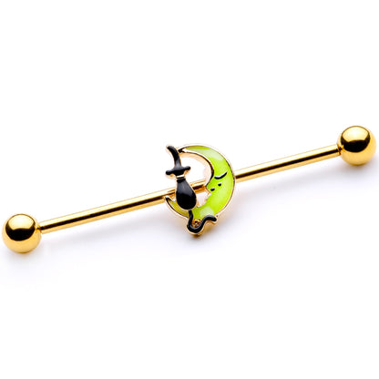 14G Gold Tone Black Cat Moon Halloween Industrial Barbell 38mm