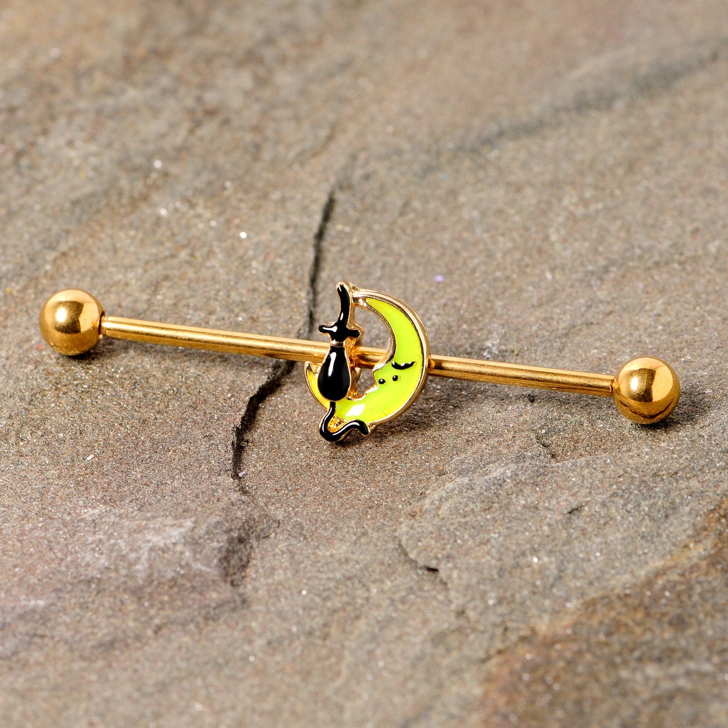14G Gold Tone Black Cat Moon Halloween Industrial Barbell 38mm