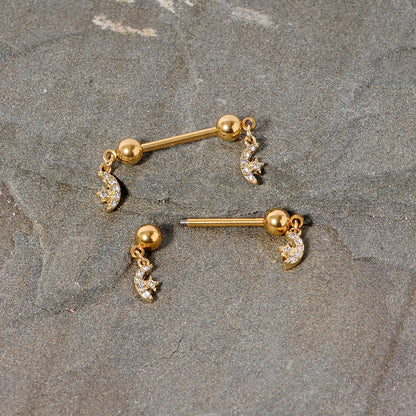 14G 9/16 Clear Gem Gold Tone Moon Dangle Barbell Nipple Ring Set
